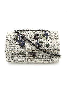 Chanel 255 Tweed Double Flap Chain Bag Shoulder Flower Motif Leather White Black